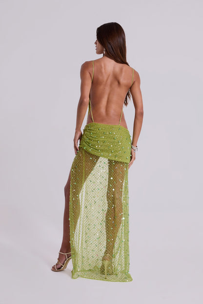 STELLAR ASYMMETRIC HAND BEADED MAXI DRESS GREEN