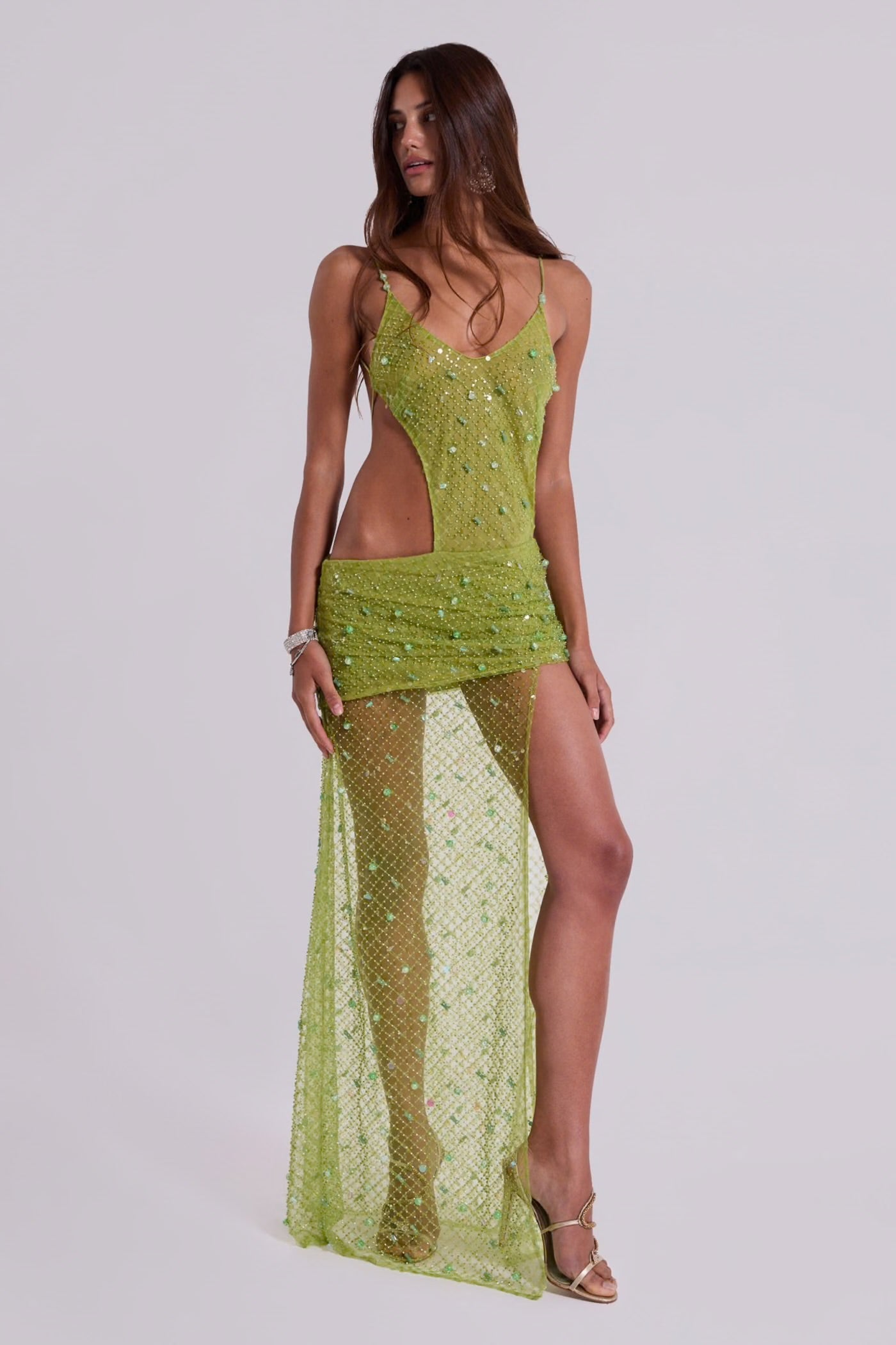 STELLAR ASYMMETRIC HAND BEADED MAXI DRESS GREEN